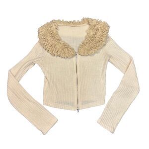 Y2K Cropped Zip-Up Jacket Faux Fur Collar Cream XS